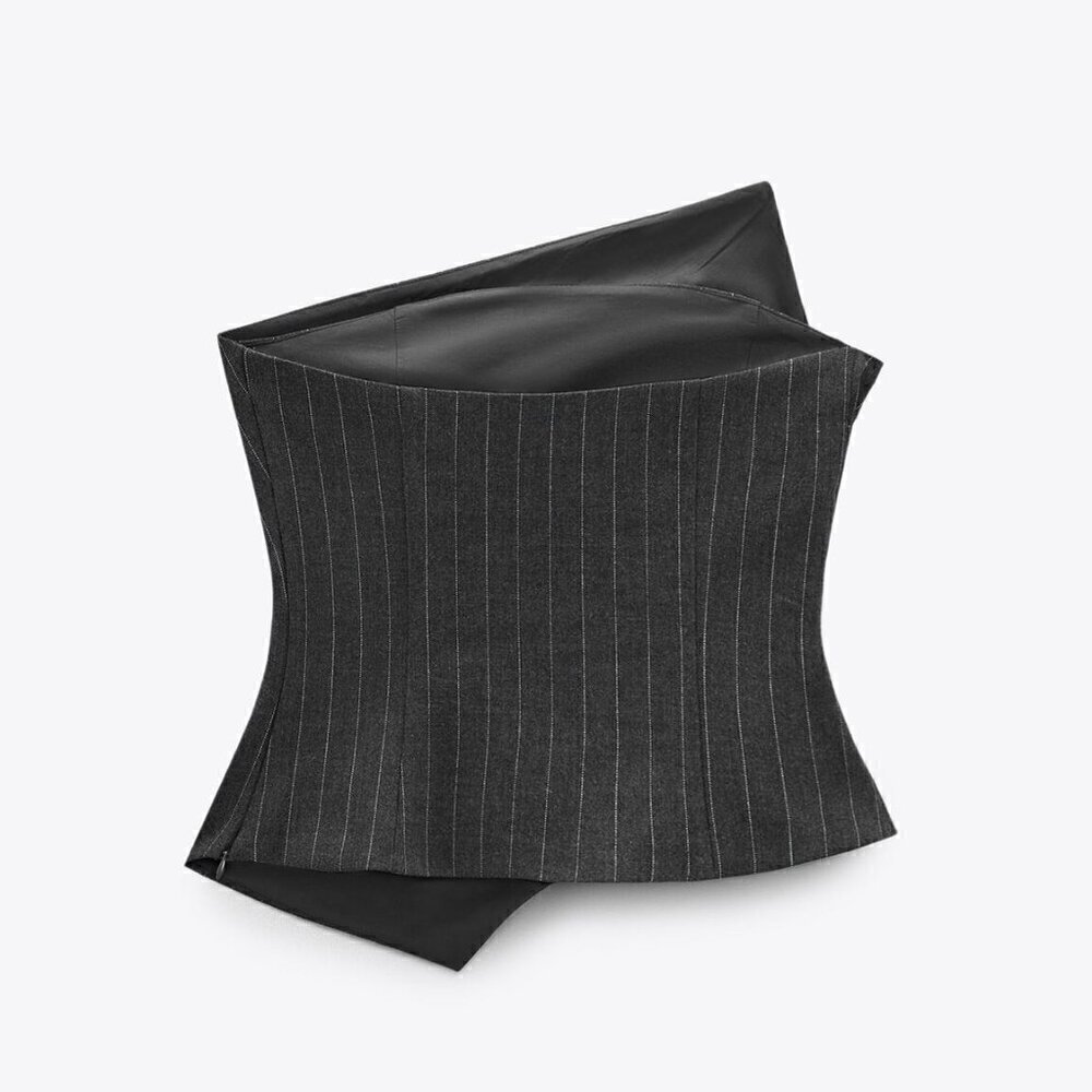New Zara Pinstripe Strapless Ruched Dark Gray Corset Top XL Blogger Favorite - Picture 14 of 17